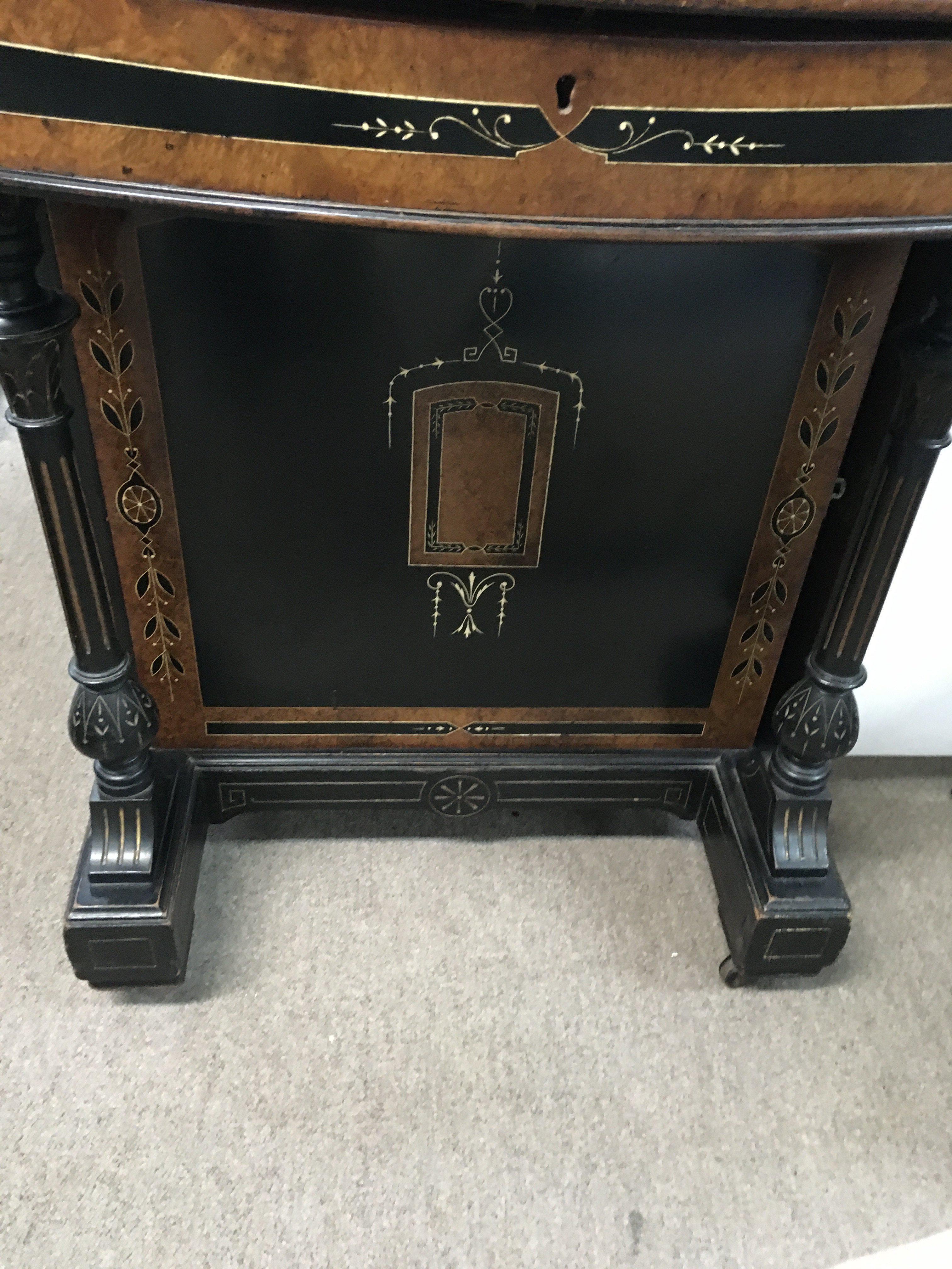 A Victorian danvenport ebonised with walnut banding the sloping front above side drawers - Image 3 of 4