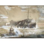 A I World War watercolour depicting a ship and German U boat signed and dated 1914. 52x37cm.