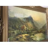Three gilt framed prints country side views and two others