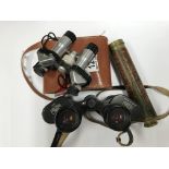 A small 2 draw leather bound telescope a pair of C