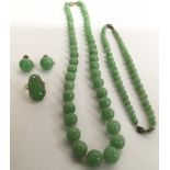 A 1940's gold and jade type bead necklaces, earrin