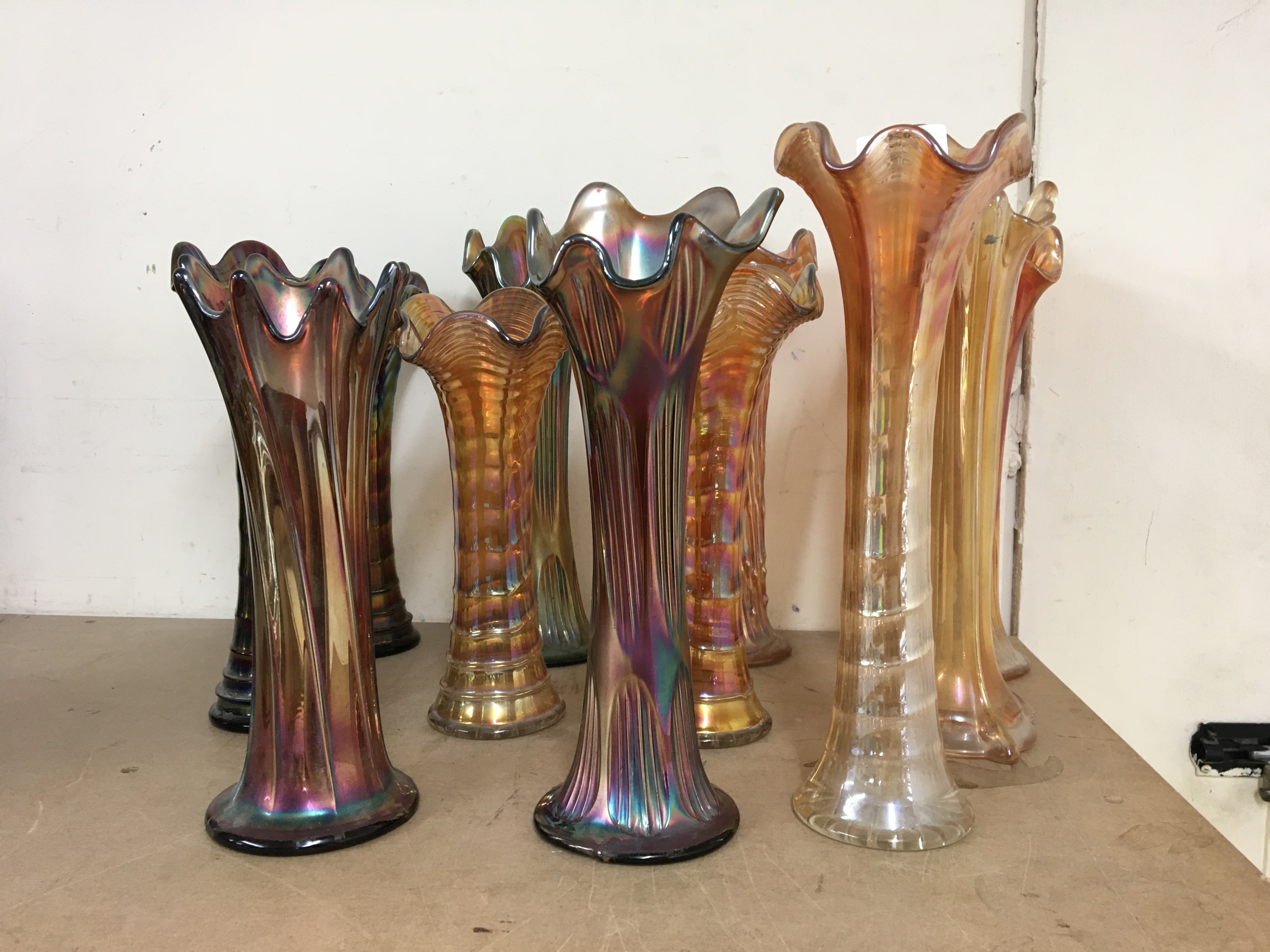 11 Carnival glass vases