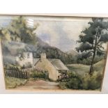 A watercolour depicting a cottage scene