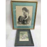 A framed pencil sketch of a girl, signed G.D Jones