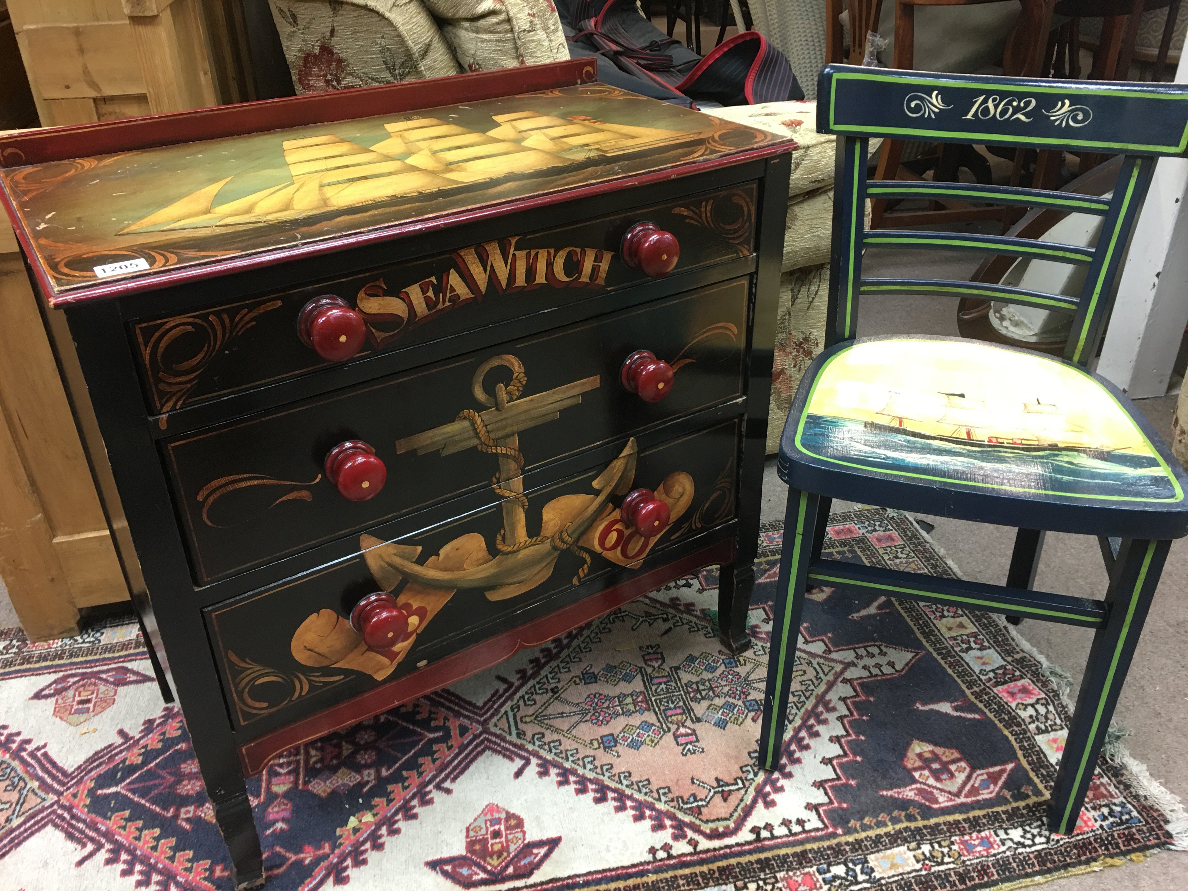 A small hand painted 3 drawer chest together with