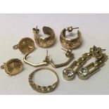 A 9ct gold ring and pairs of earrings various