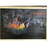 A1970s unsigned arylic on canvas "city at night" from John Kennedy Melling theatre collection.