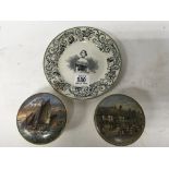 2 late Victorian pots and lids and an early commemorative pottery plate by F Challinor.