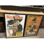 Two framed reproduction Mae West and Charlie Chapl