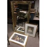 A large, modern gilt framed mirror, a signed litho