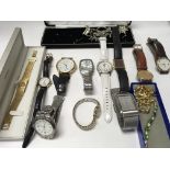 A collection of dress watches and two costume necklace.