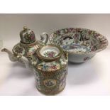 Three Canton items comprising a teapot, wash bowl