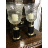 A pair of Victorian style hurricane lamps on marble bases 47 cm.