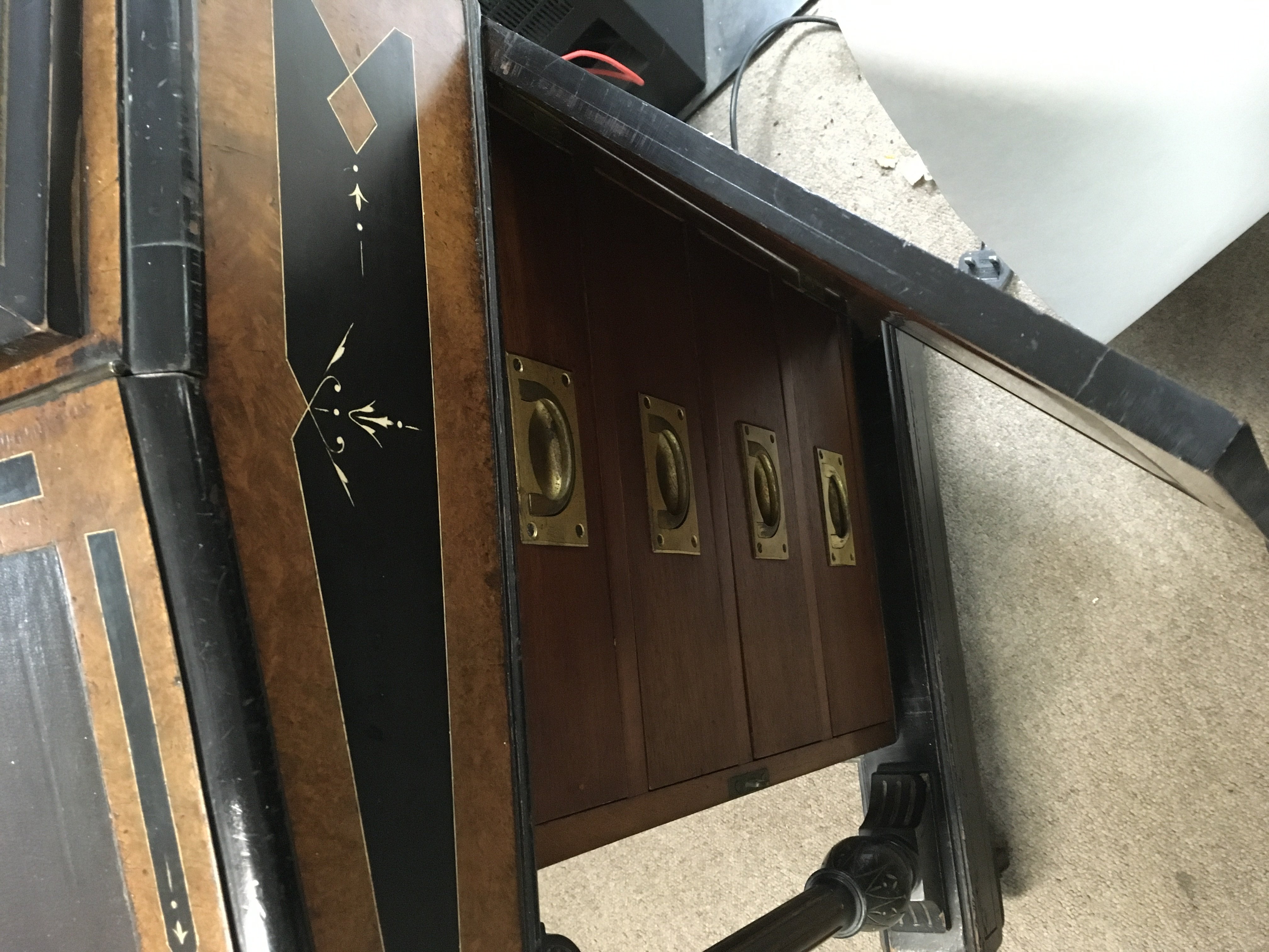 A Victorian danvenport ebonised with walnut banding the sloping front above side drawers - Image 4 of 4