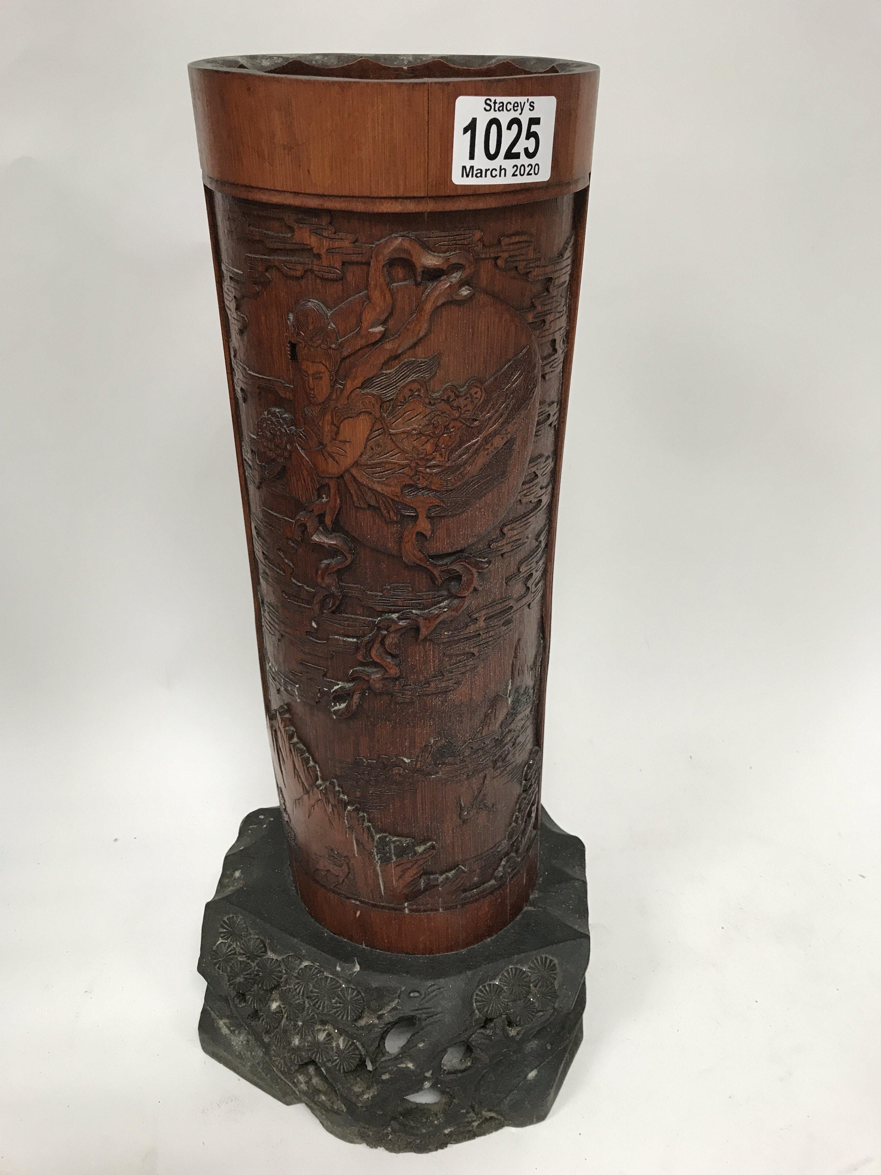 A large late 20thC carved bamboo vase. H.48cm.