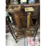 A large solid oak pedestal, an Italian gilt painted pedestal and a small oak folding table by