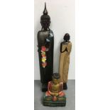 Three carved wood figures of Indian deities including a floorstanding example, approx 124cm