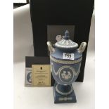 A Wedgewood blue Jasperware urn and cover commemor