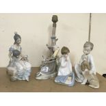 A lladro porcelain figurines lamp plus 3 additiona