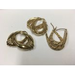 3 pairs of 9ct gold hoop earrings.