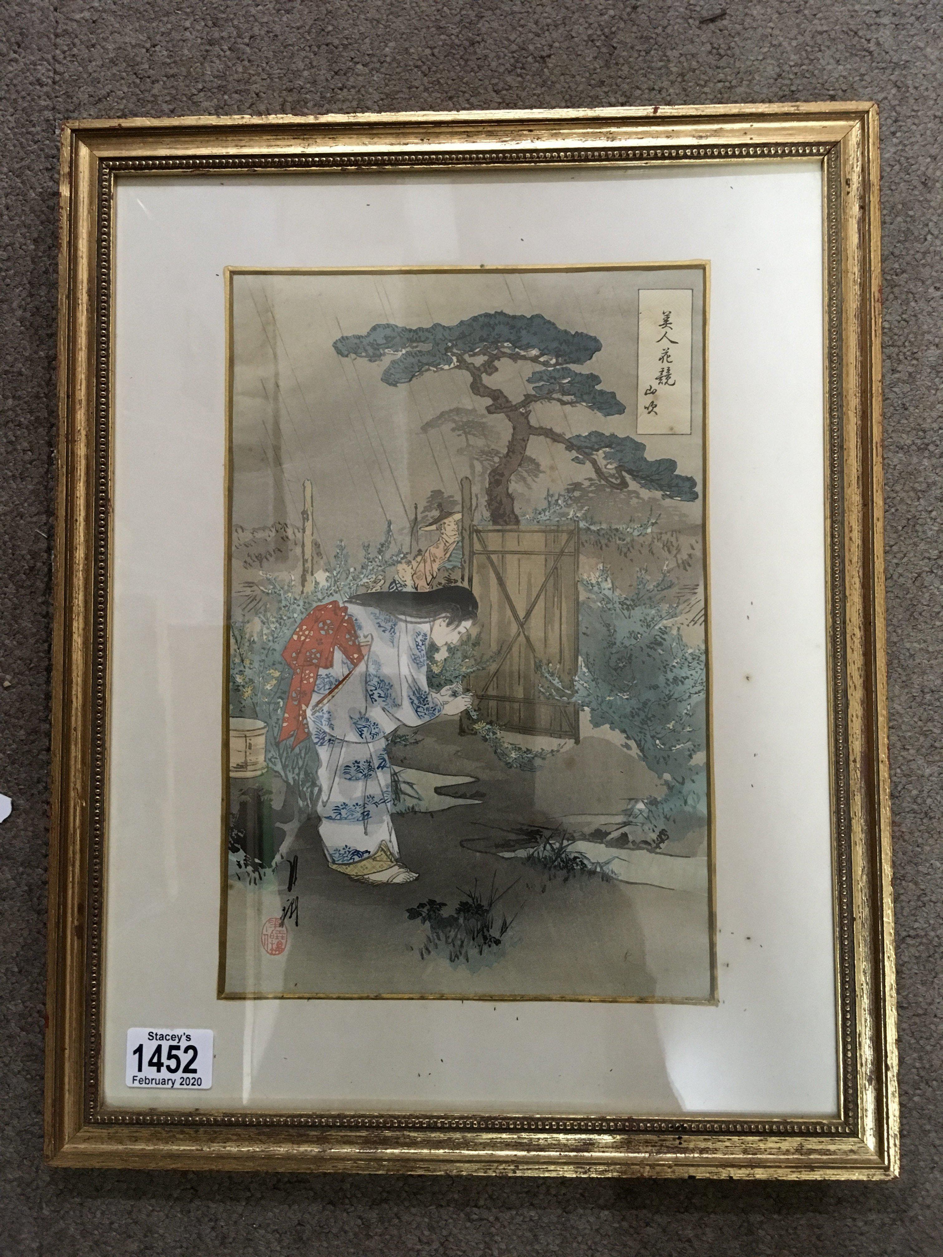 A 19th century framed Japanese woodblock, signed -