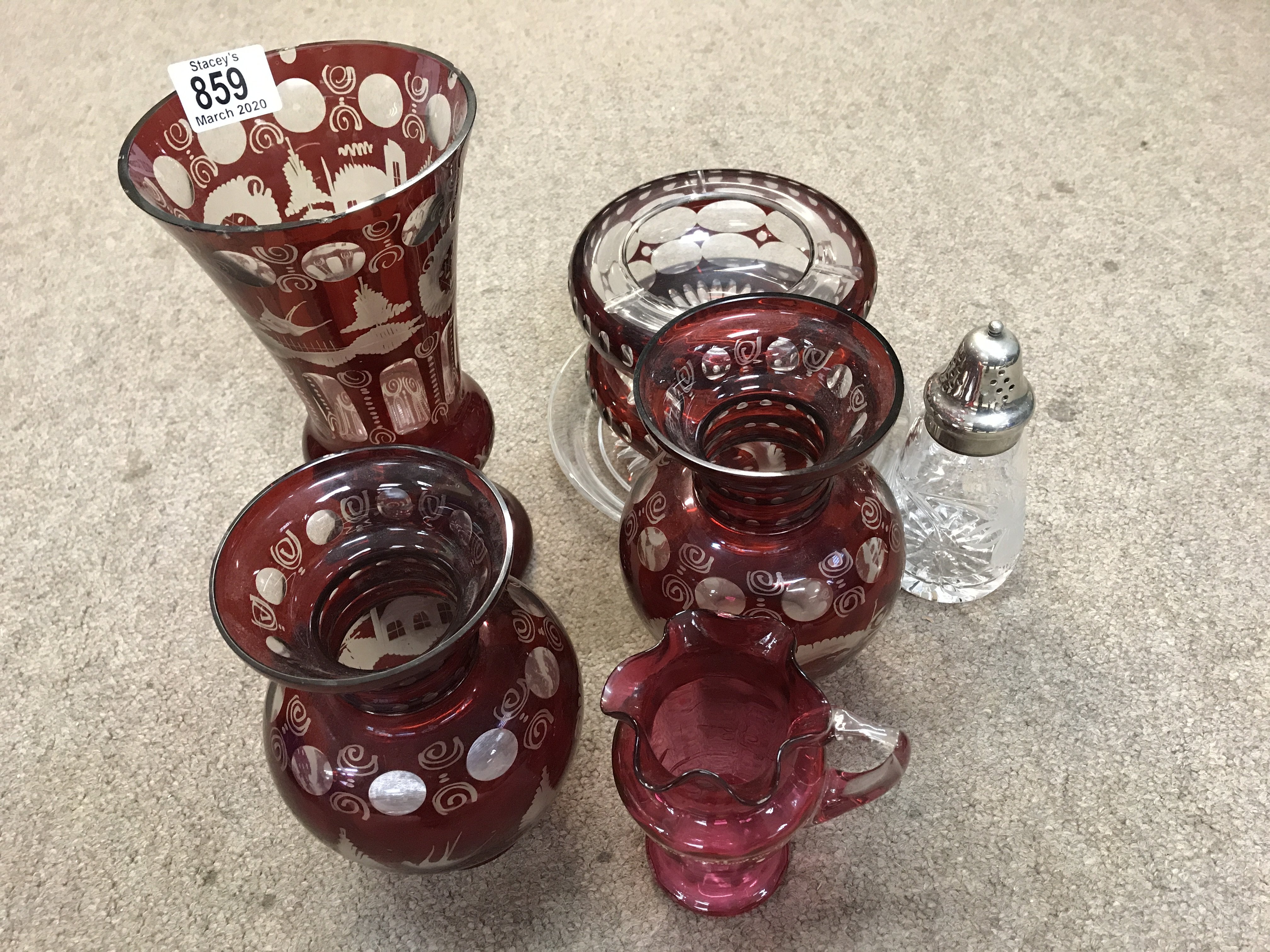 A selection of bohemian ruby glass vase etc. (8)