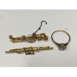 2 Edwardian gold brooches and a 9ct stone set soli
