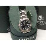 A Citizen Eco watch having black face and date aperture, boxed