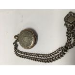 A silver plated pocket watch with silver chain and