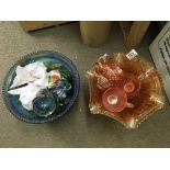 2 carnival glass punch bowls and cups