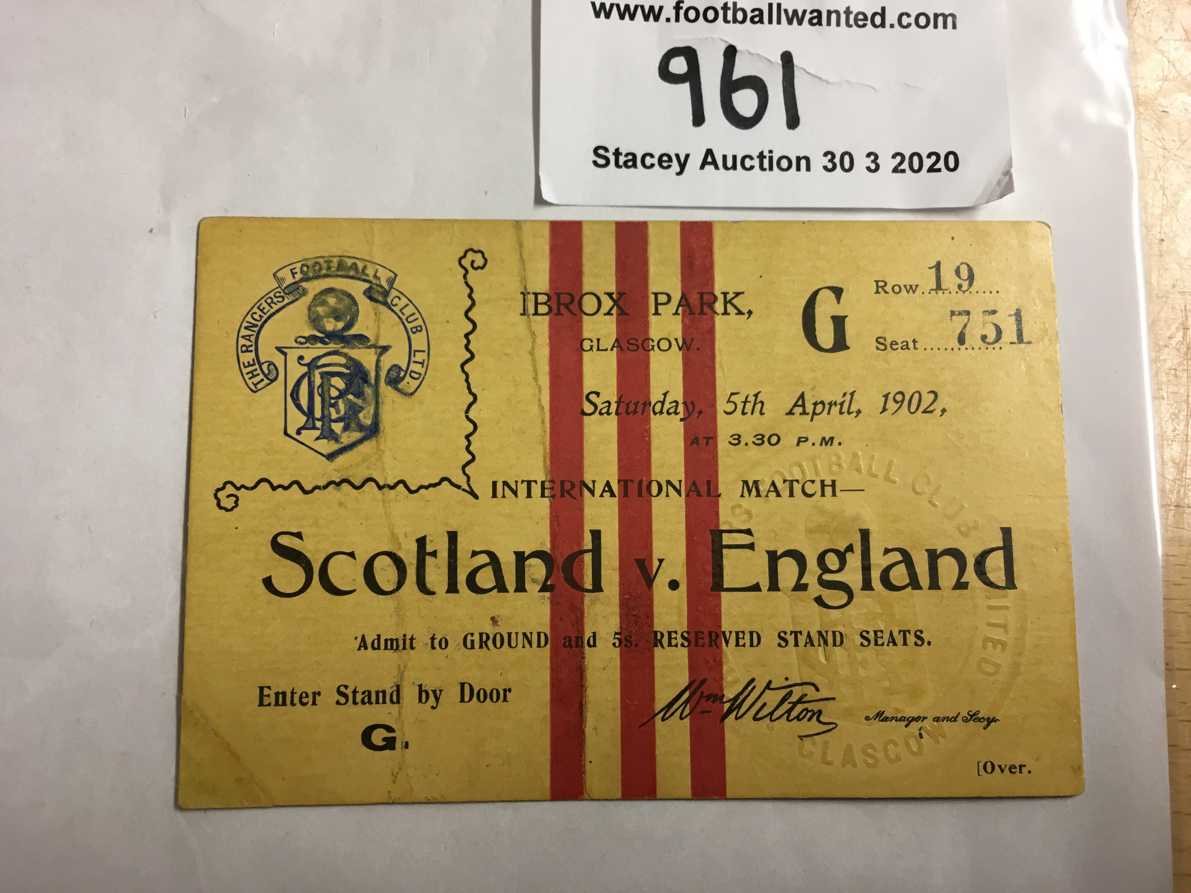 1902 Scotland v England Ibrox Disaster Football Ticket: Infamous match in football history. Dated