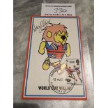 Nobby Stiles England Signed World Cup Willie Football Postcard: Original postcard with World Cup