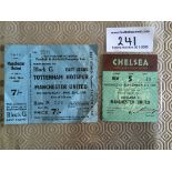 59/60 Manchester United Away Football Tickets: Tottenham (unused) with creasing and Chelsea which is