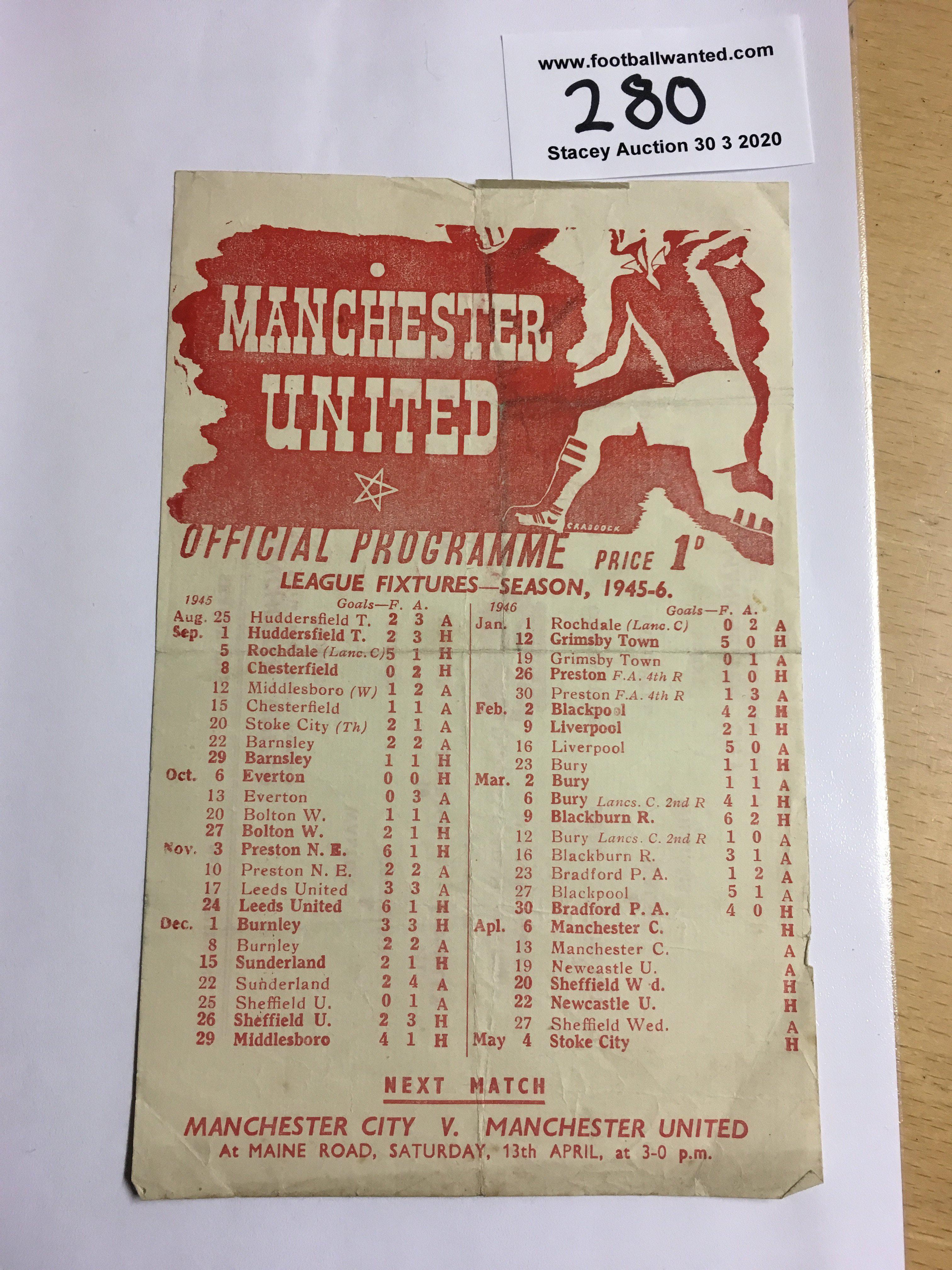 45/46 Manchester United v Manchester City Football Programme: Good condition League match with no