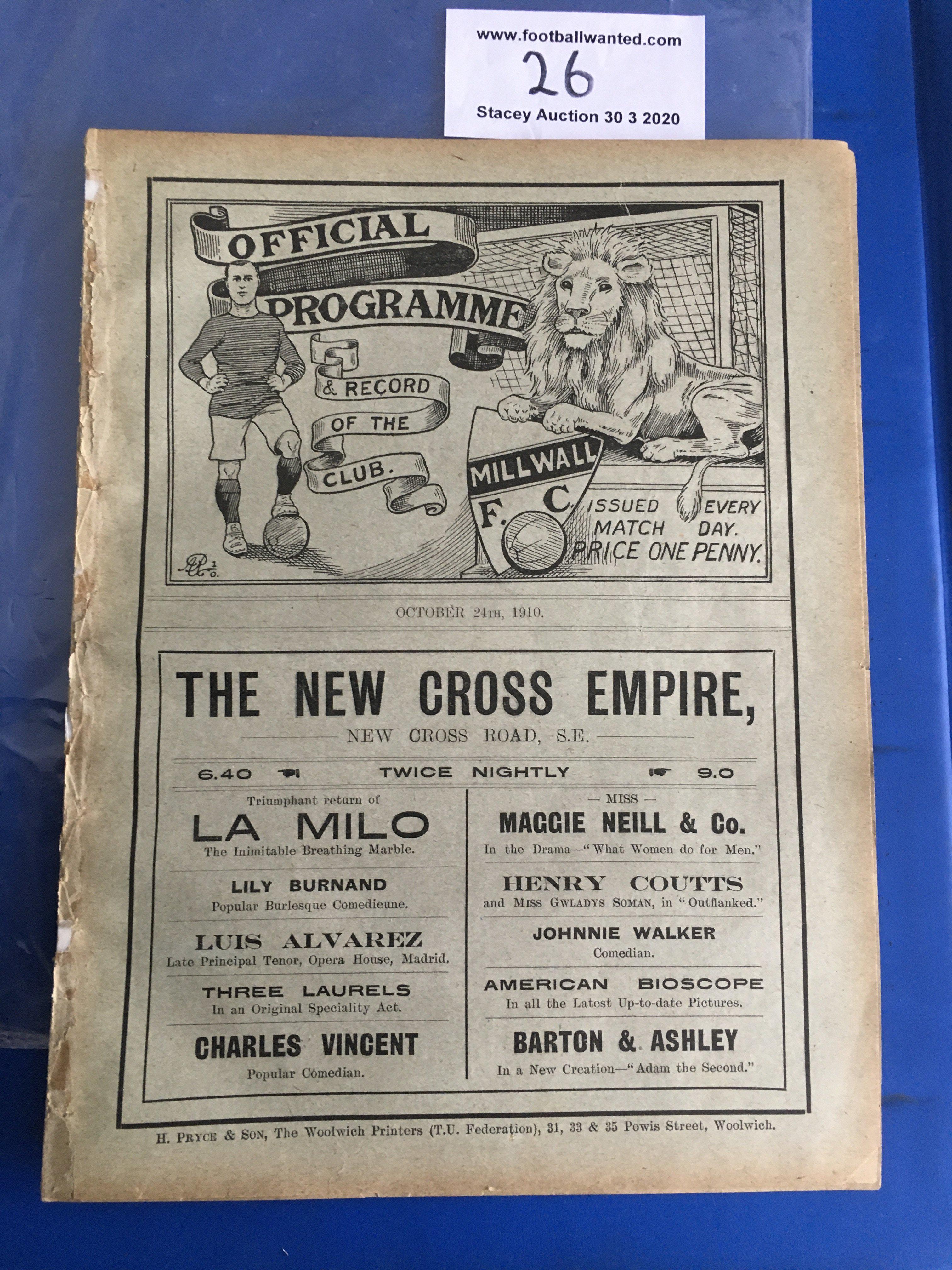 1910/11 Southern League v Scottish League Football Programme: Dated 24 10 1910. Good condition 8