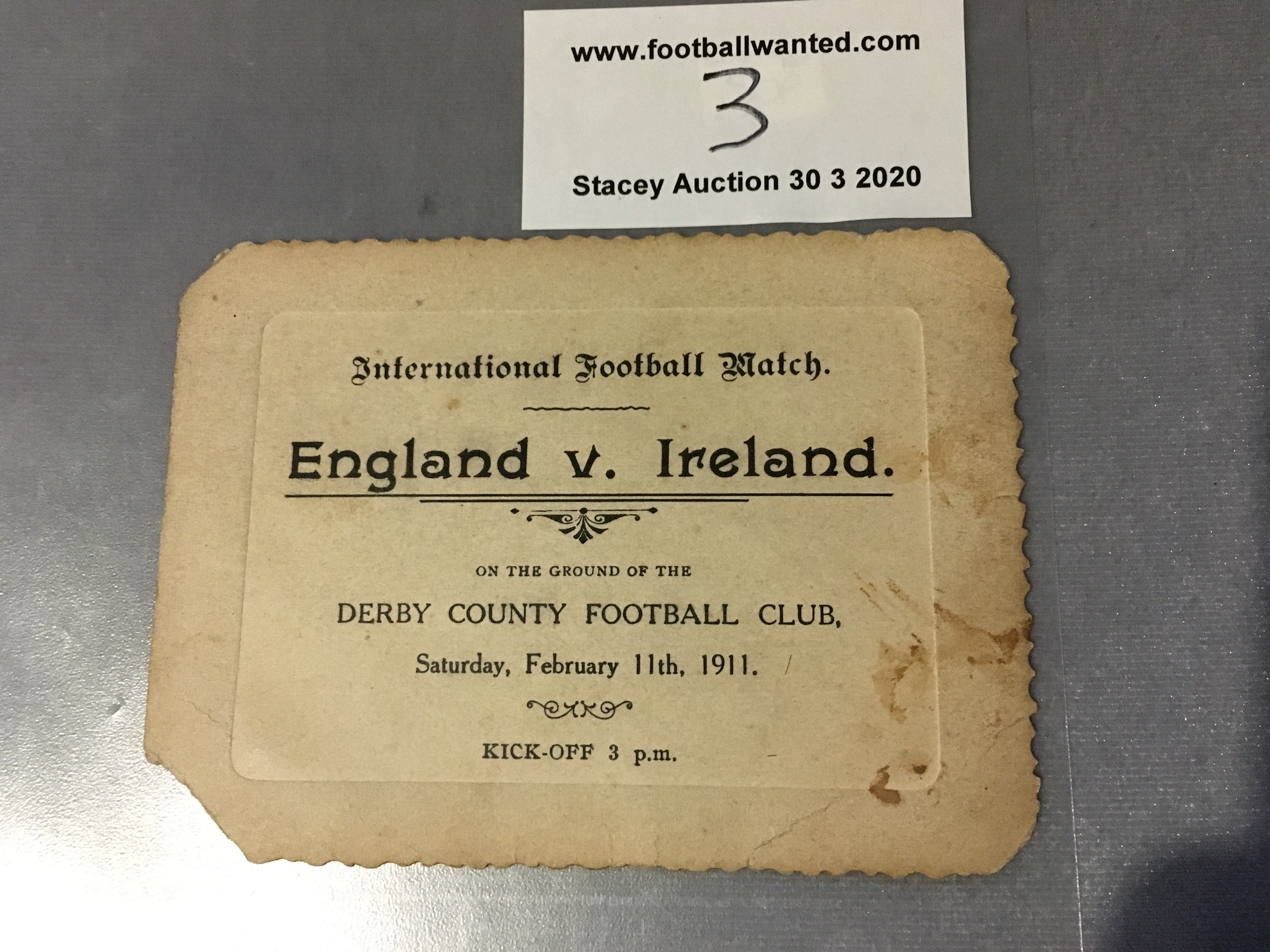 Ben Warren 1911 England v Ireland Football Ticket: From the Full Home International v Ireland at