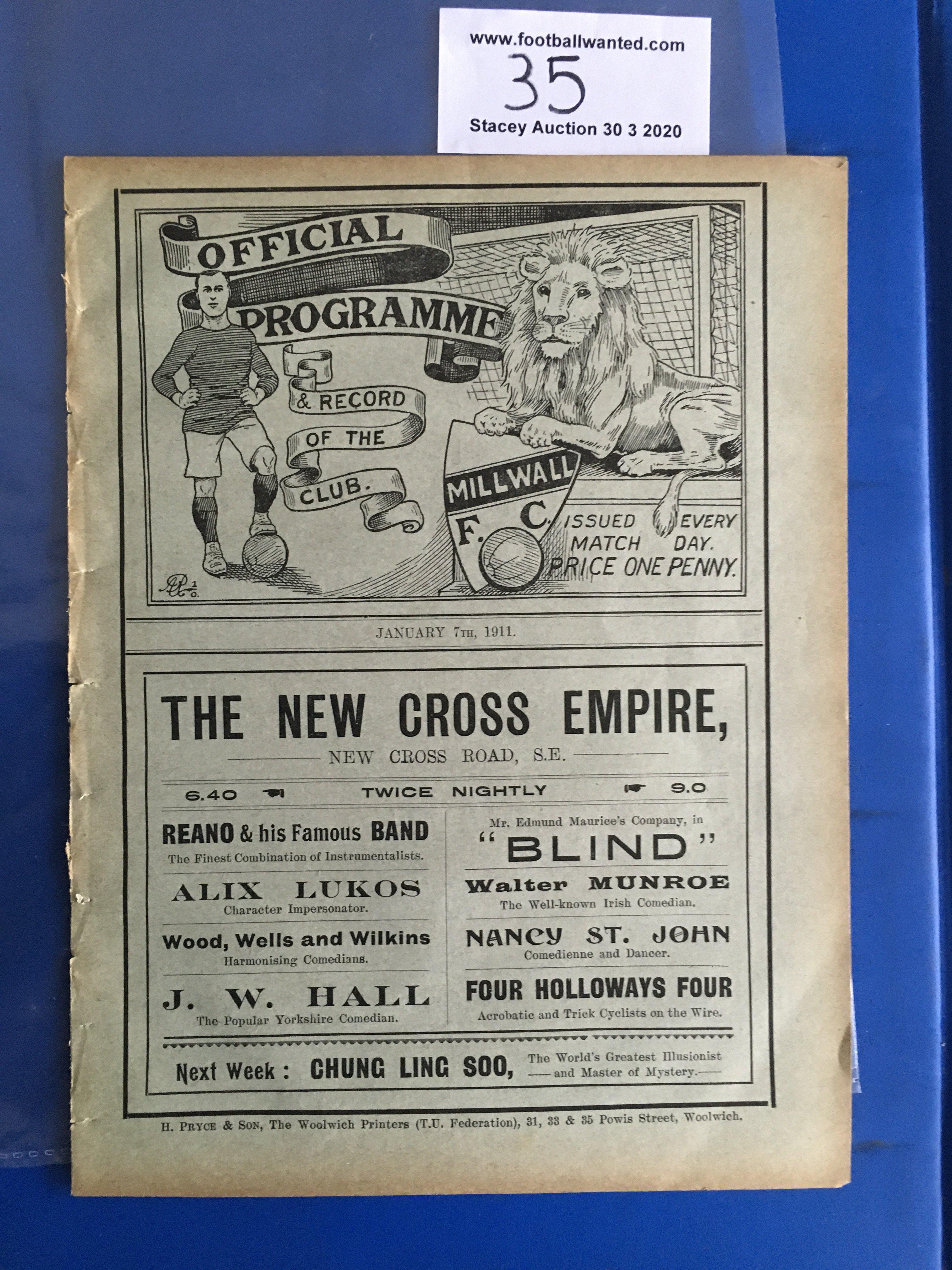 1910/11 Millwall v Norwich City Football Programme: First team Southern League Division One match