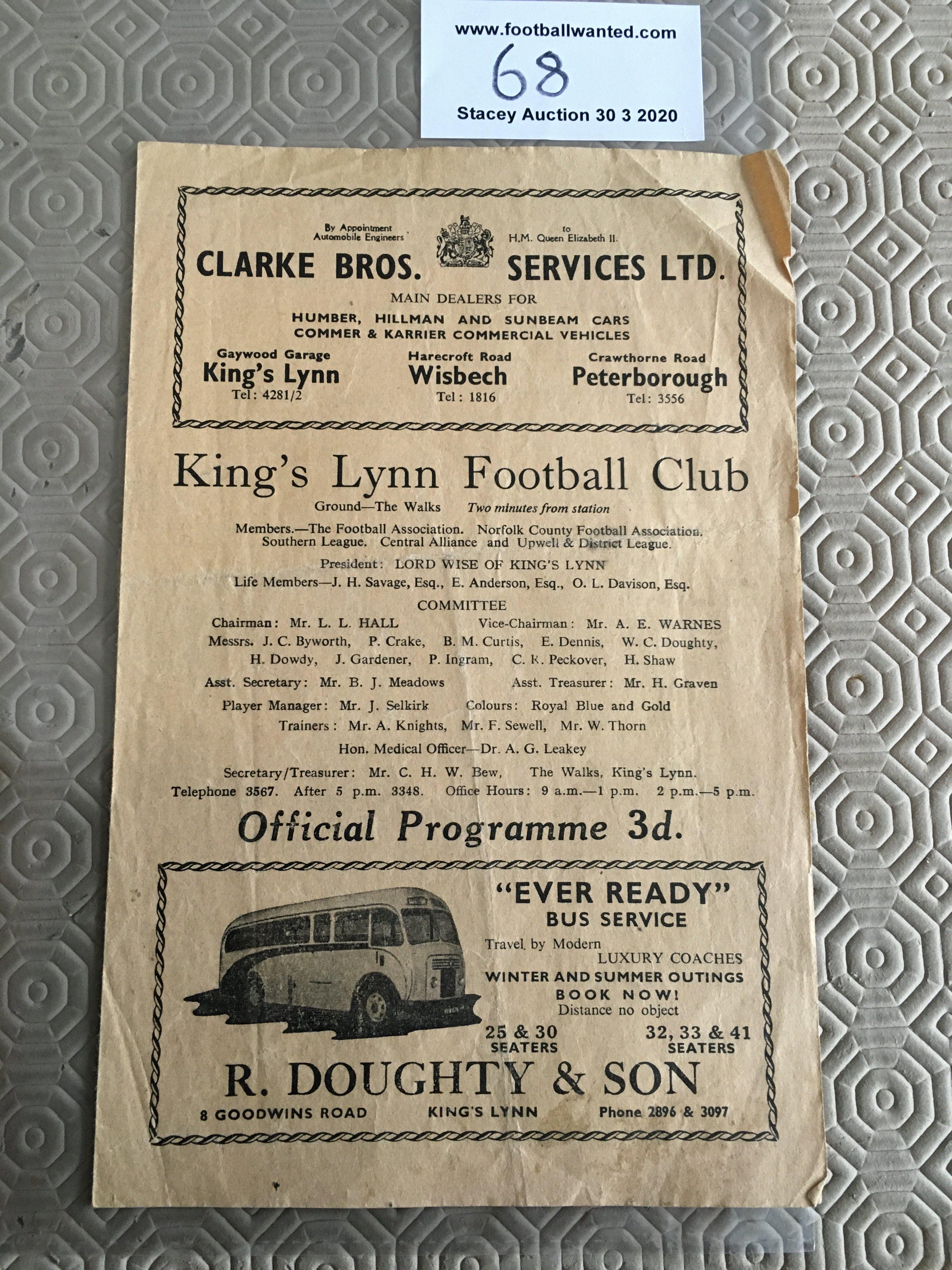 58/59 Kings Lynn v Norwich City Football Programme: Dated 27 4 1959. Match arranged to help Kings