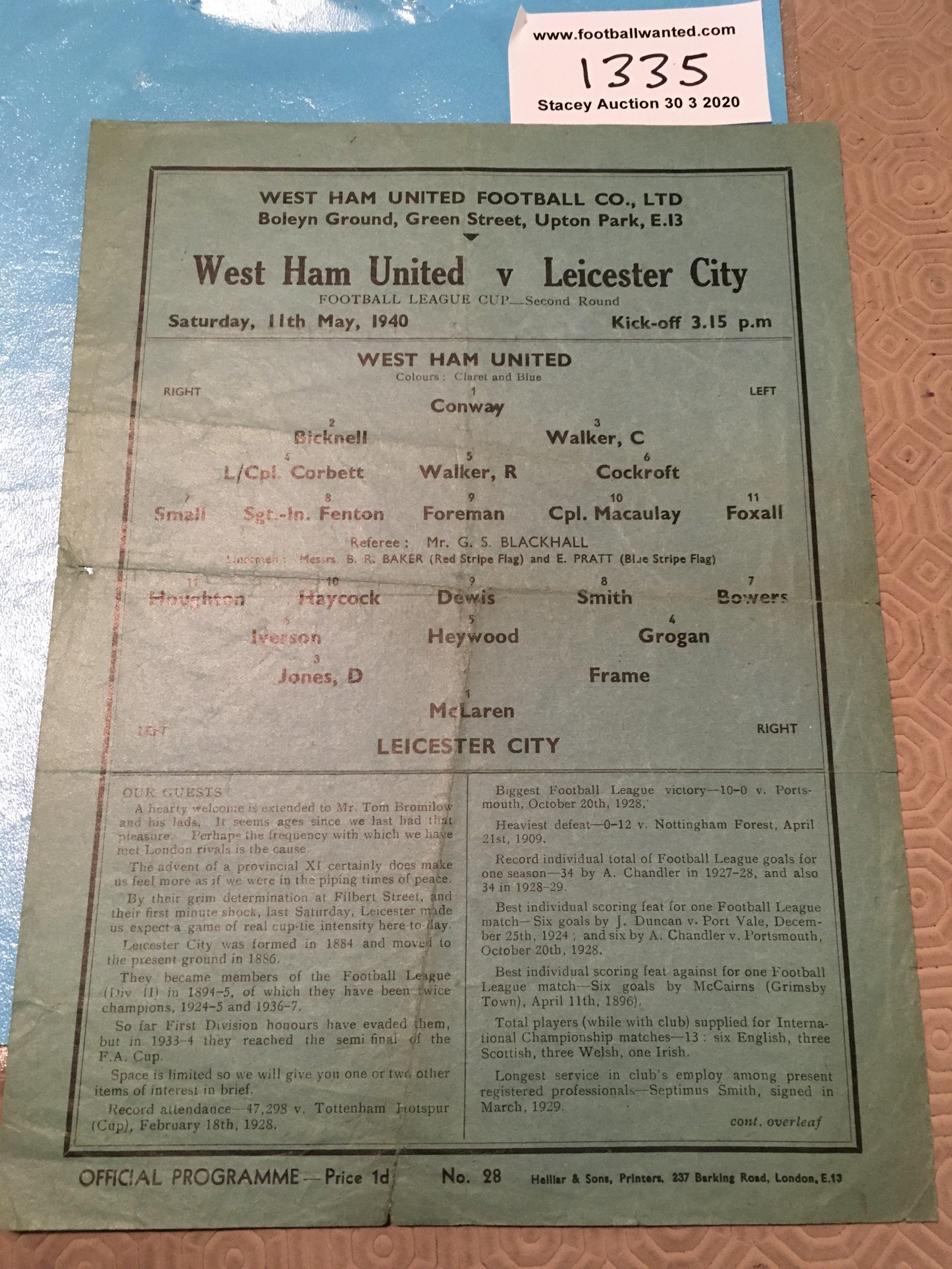 39/40 West Ham v Leicester City Cup Football Programme: Good condition Cup Match from the season