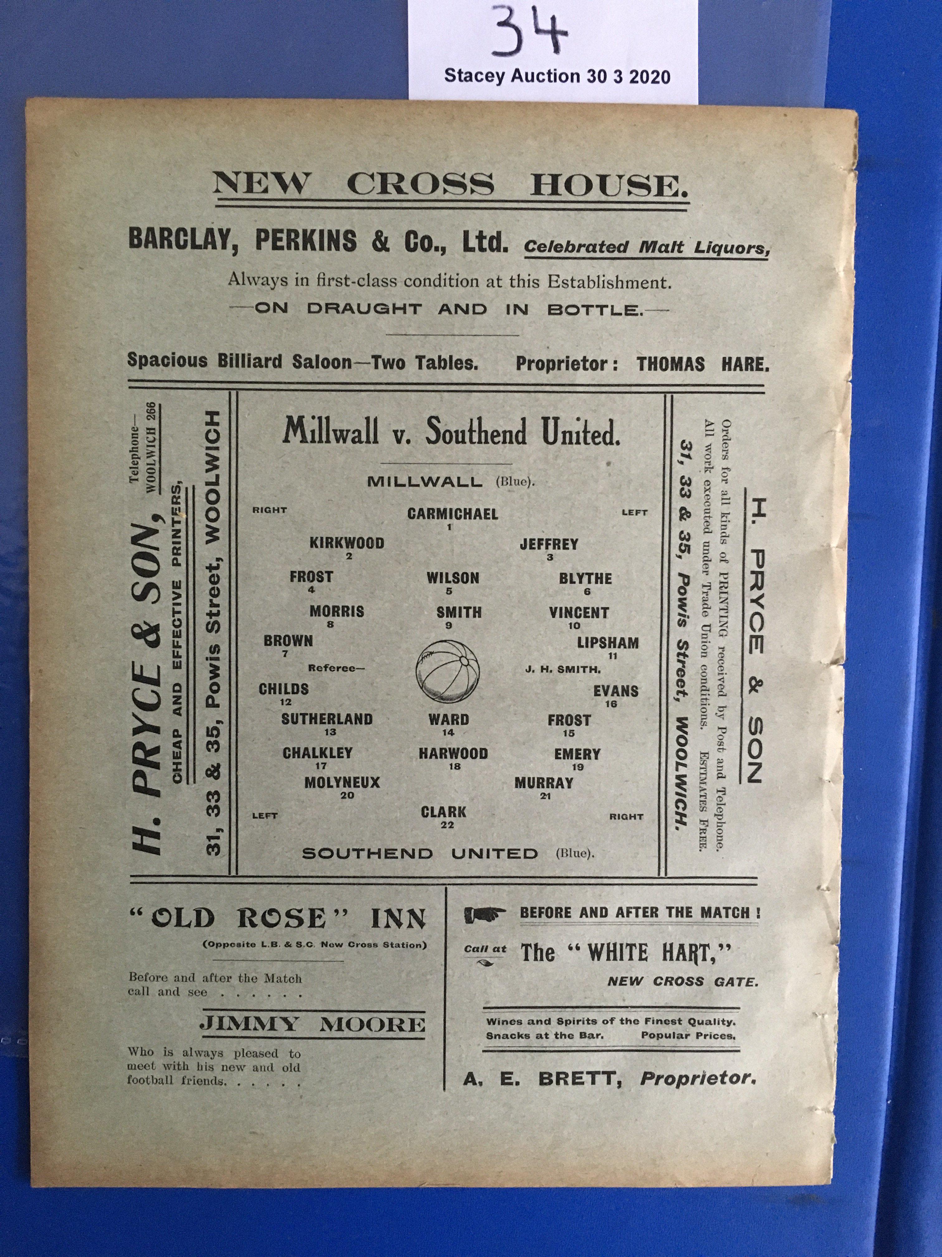 1910/11 Millwall v Southend United Football Programme: First team Southern League Division One match - Image 2 of 2