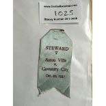 37/38 Aston Villa v Coventry City Stewards Silk Ribbon Badge: Dated 30 10 1937 with details of match