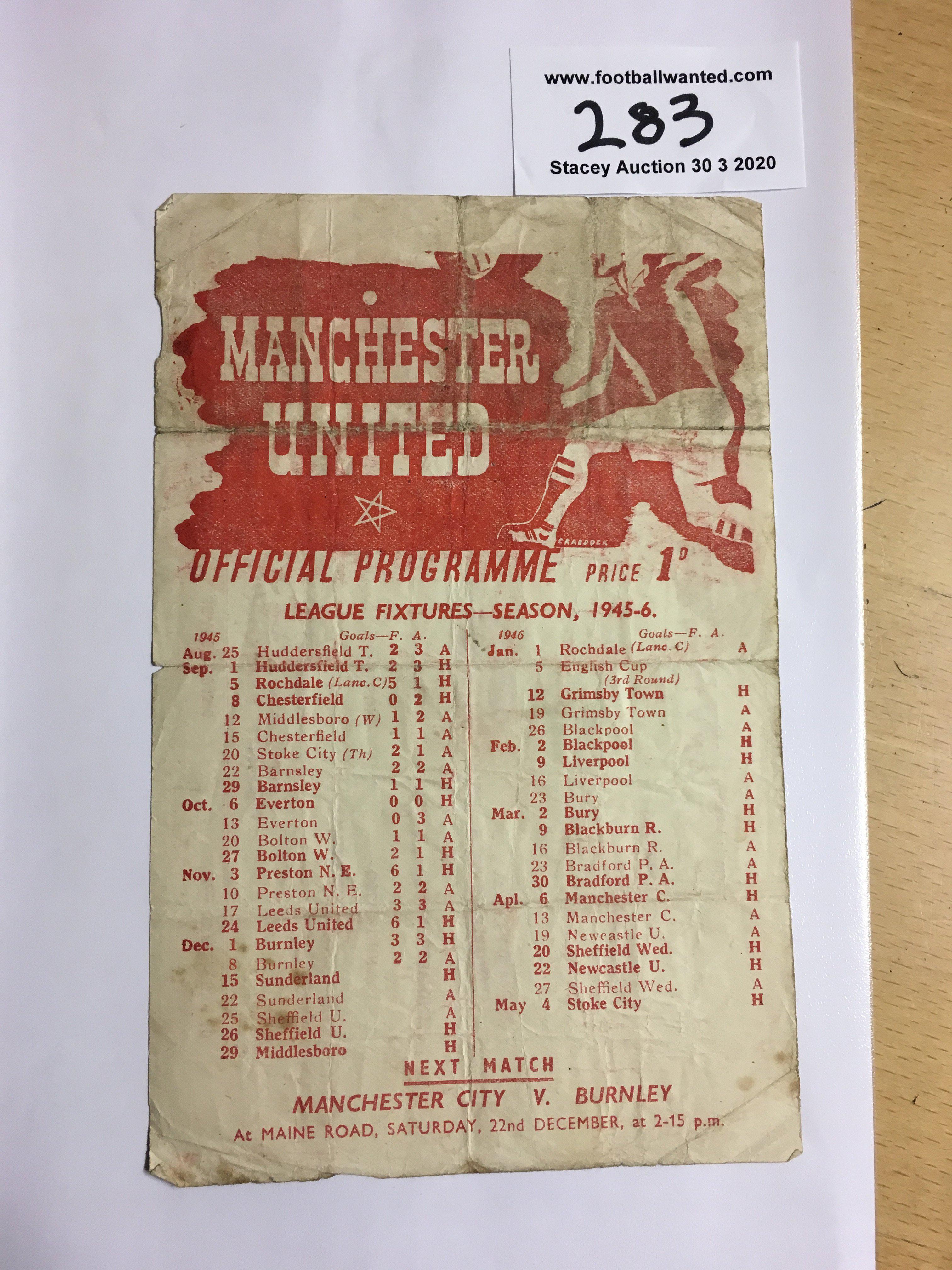 45/46 Manchester United v Sunderland Football Programme: Fair condition League match with no writing