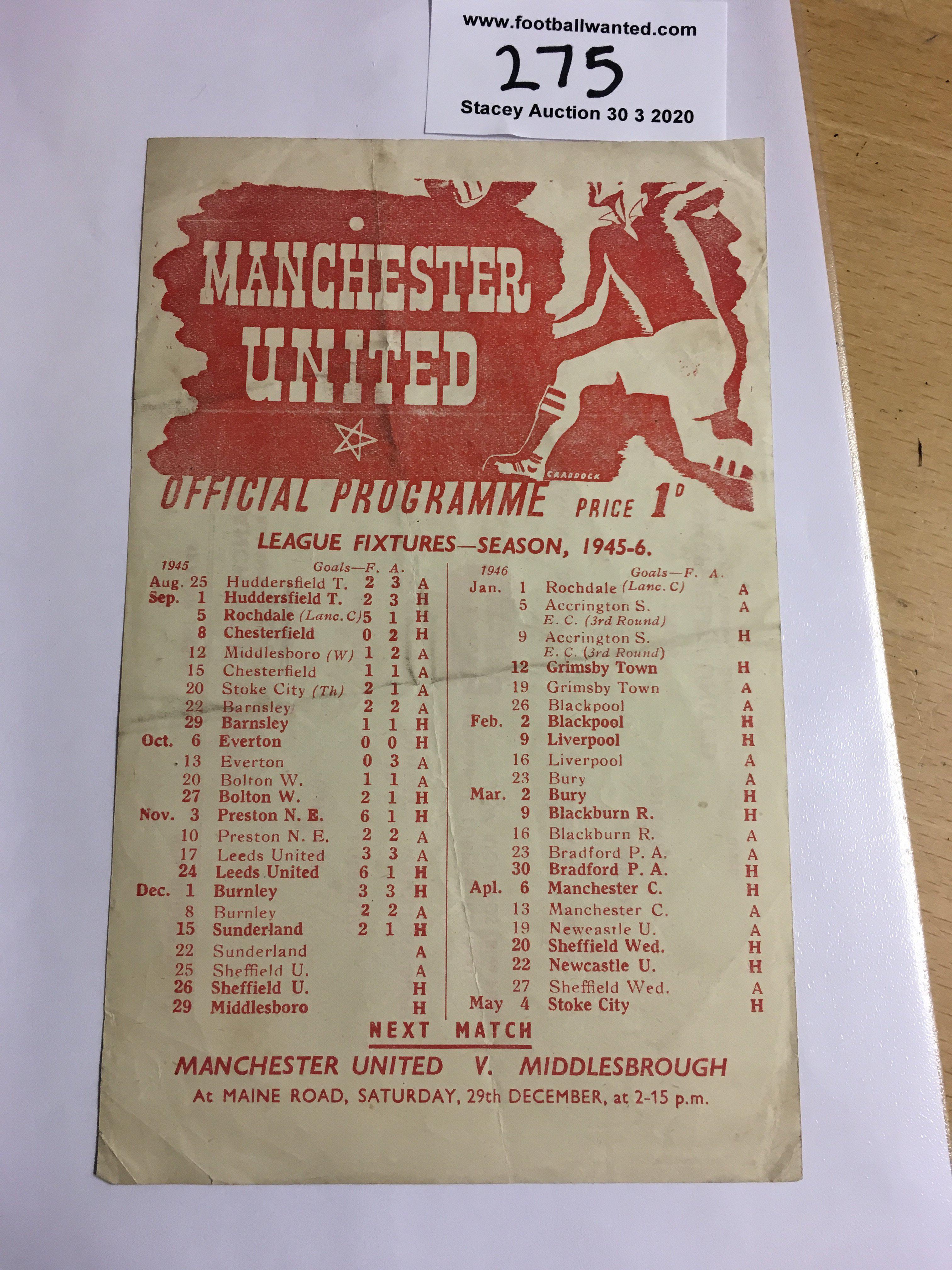 45/46 Manchester United v Sheffield United Football Programme: Very good condition League match with