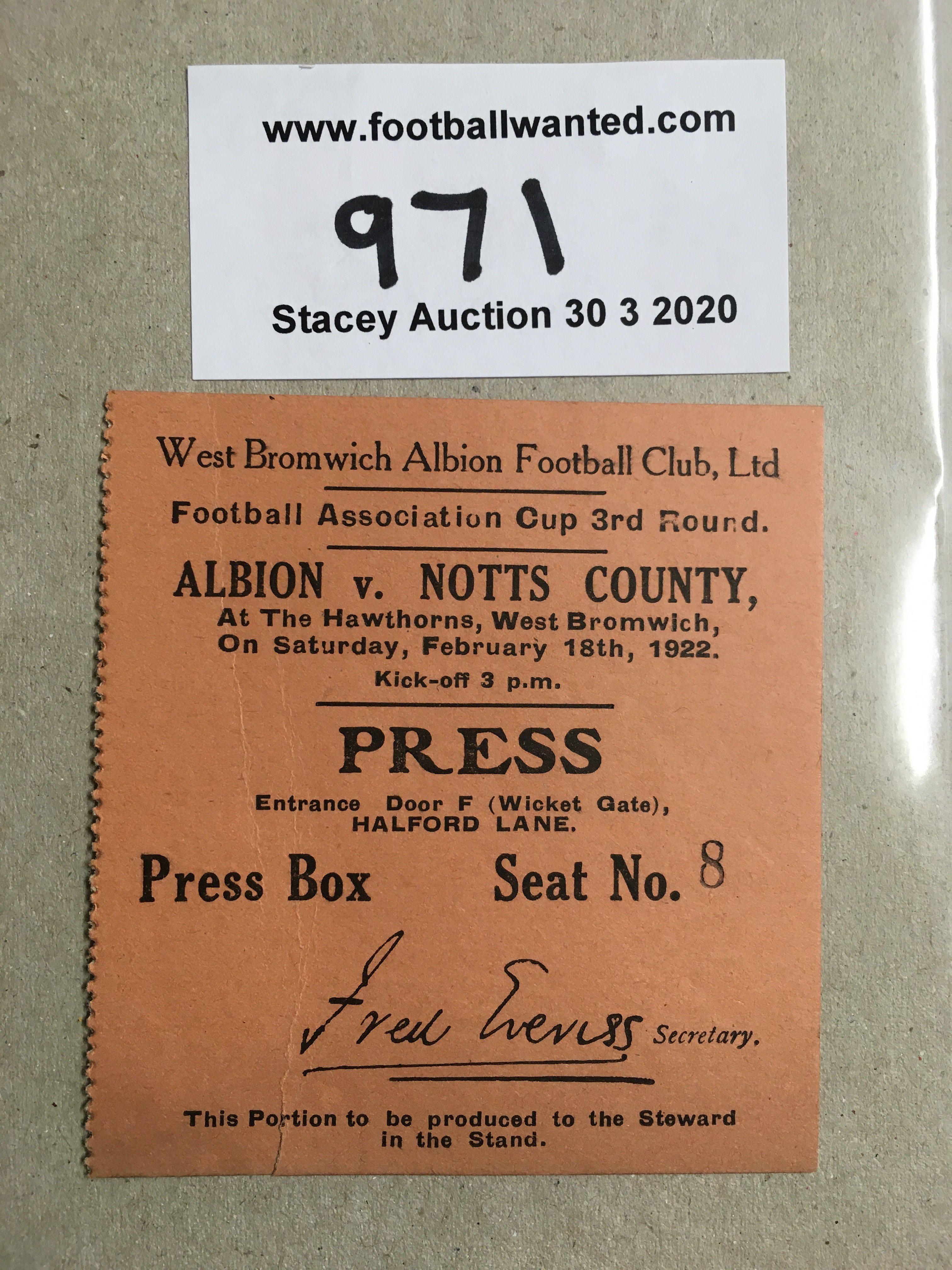 21/22 West Brom v Notts County FA Cup Football Ticket: Dated 18 2 1922 in excellent condition.