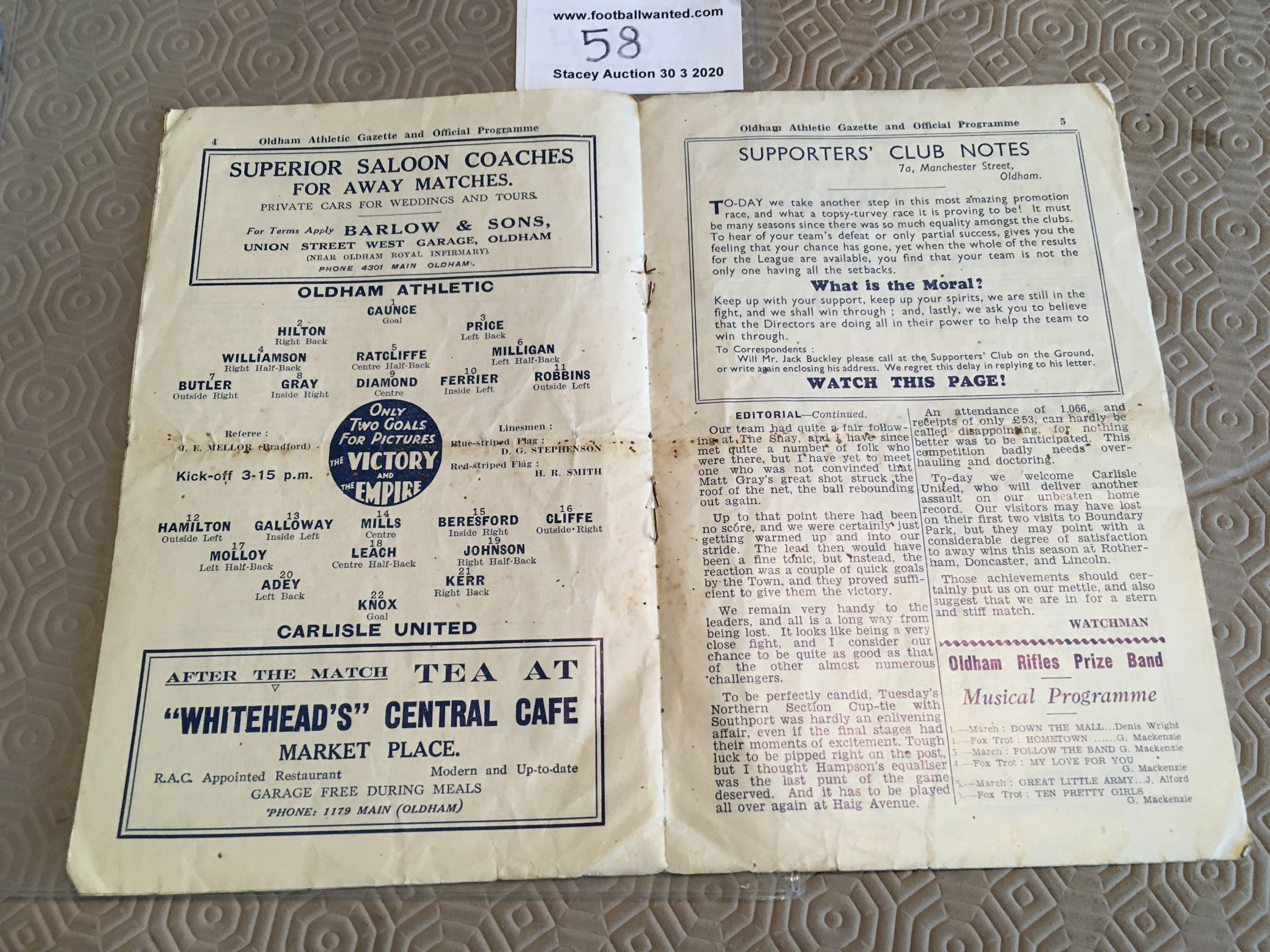 37/38 Oldham Athletic v Carlisle United Football Programme: Third Division North match dated 19 3 - Image 2 of 2