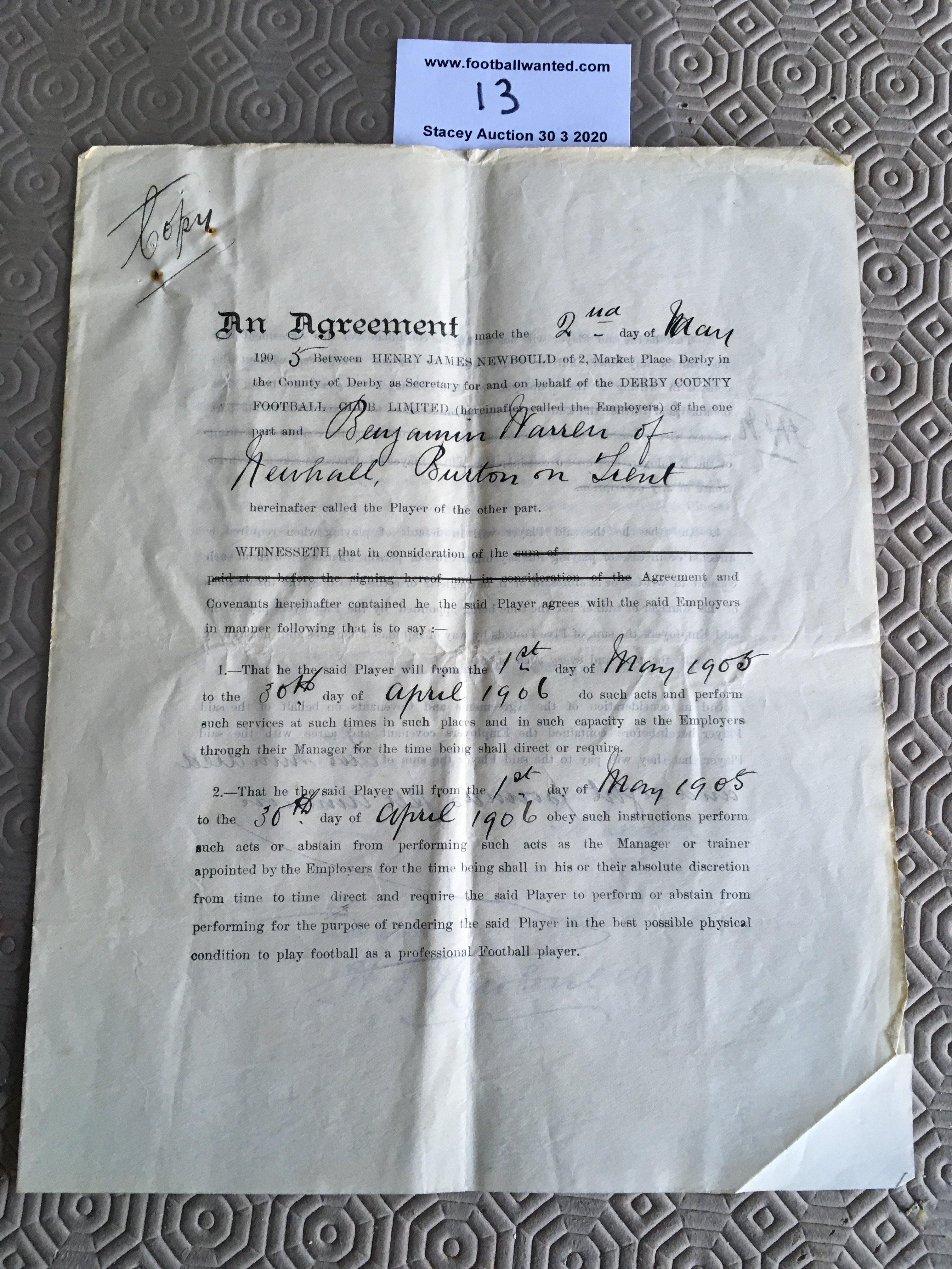 Ben Warren 1905/06 Derby County Football Contract: Superb 4 page document signed by him and