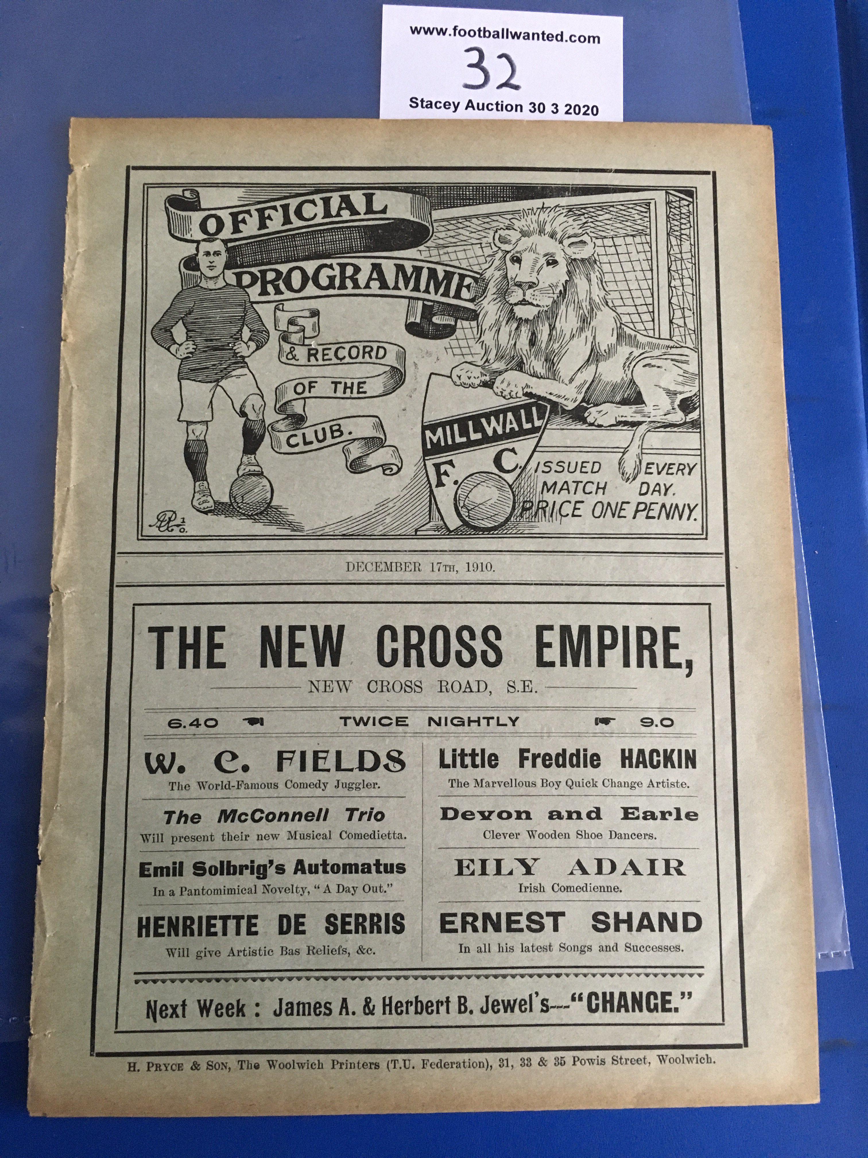 1910/11 Millwall v Plymouth Argyle Football Programme: First team Southern League Division One match