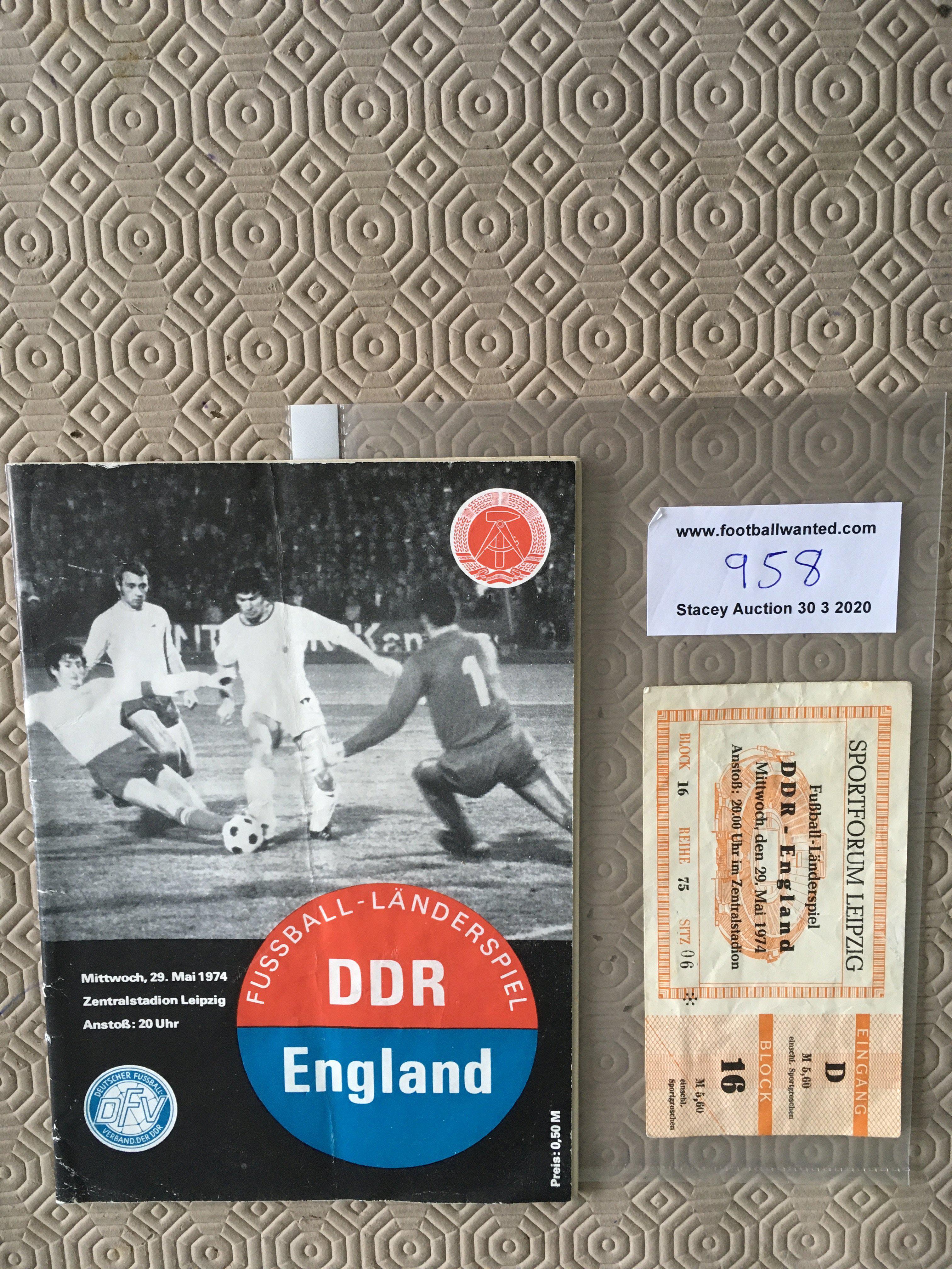 1974 East Germany v England Football Programme + Ticket: Programme has fold but no writing. Ticket v