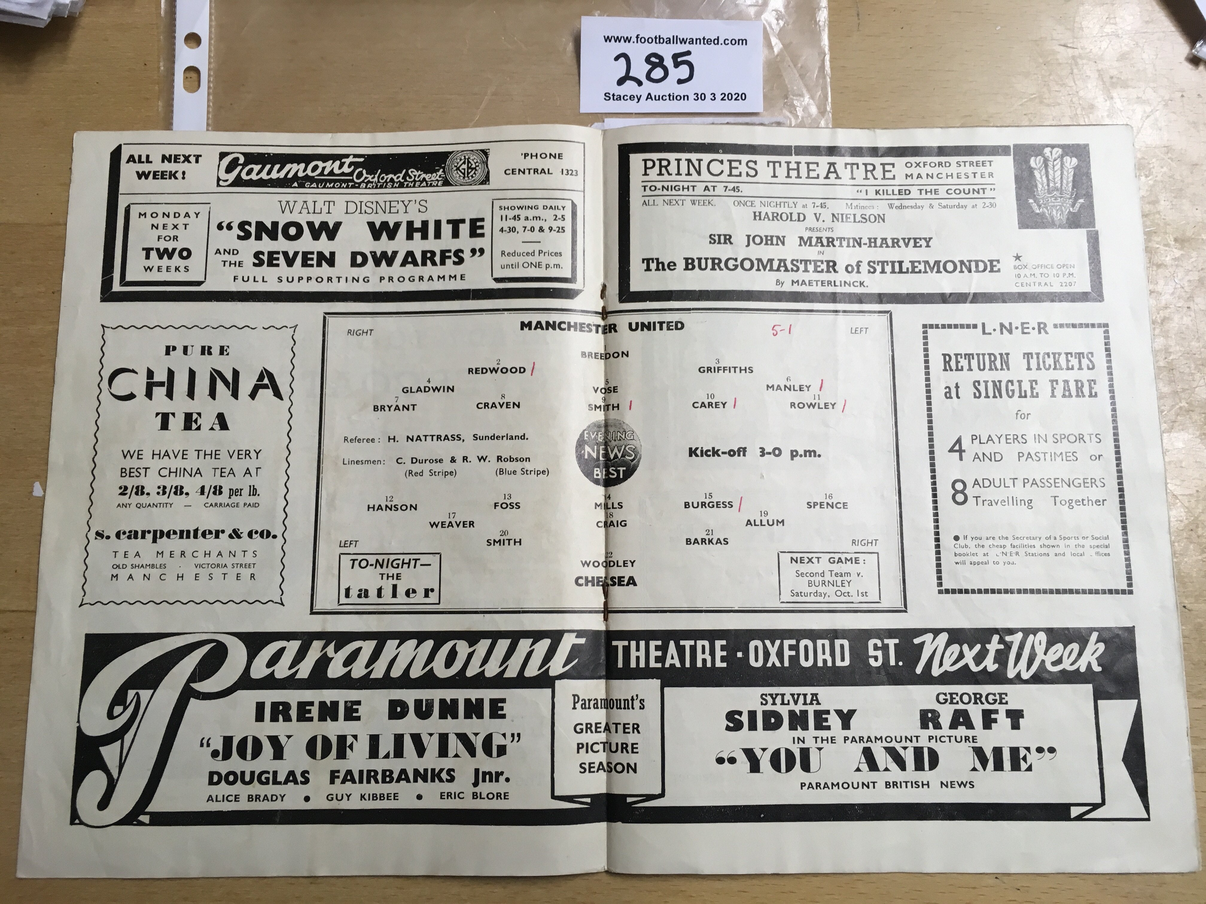 38/39 Manchester United v Chelsea Football Programme: Dated 24 9 1938 in good condition with no team - Image 2 of 2