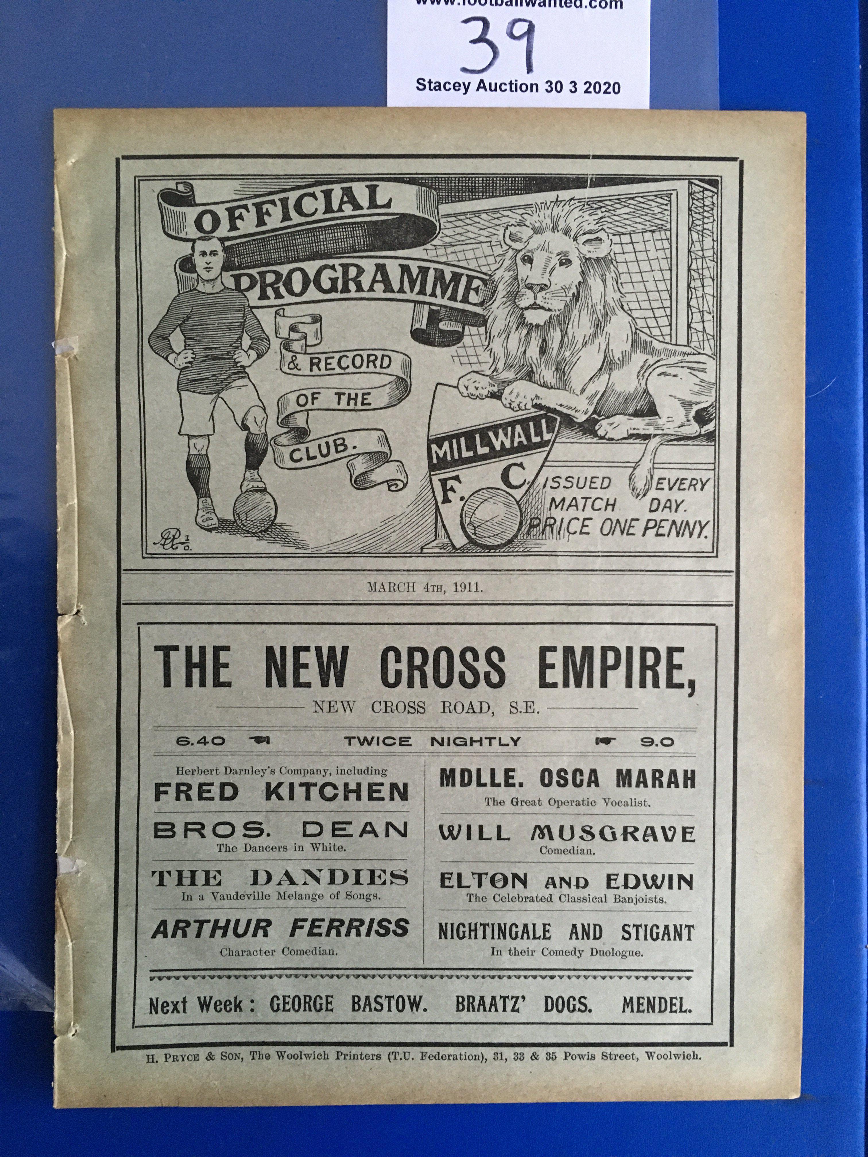 1910/11 Millwall v QPR Football Programme: First team Southern League Division One match dated 4 3
